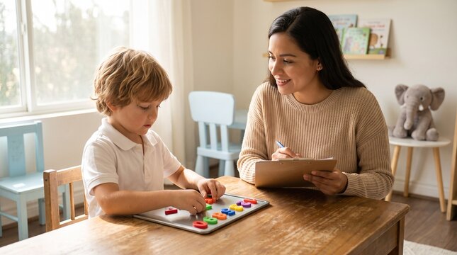 Child psychologist helps young boy learn letters and numbers with colorful magnetic toys during therapy session