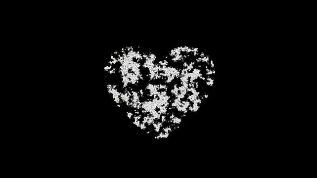 Hand drawn chalk black and white mixed broken heart outline animation with beating love pulse, stop motion doodle symbol on black background, romantic motion graphic. 4k video