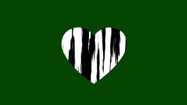 Beating black and white mixed broken heart shape animation, hand drawn doodle outline in chalk style, stop motion love symbol on green background for video overlay. 4k video