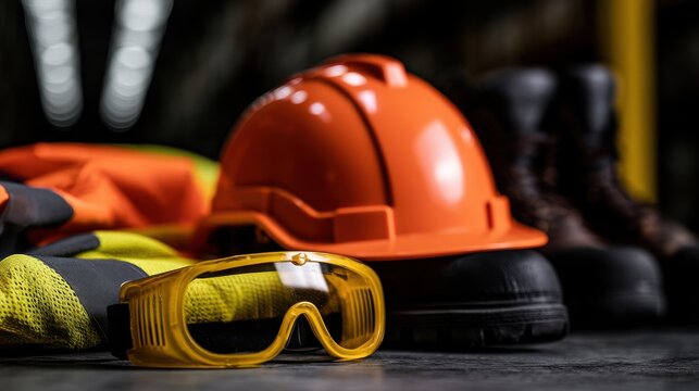 Orange hard hat, safety goggles, and work vest on a floor. Essential protective clothing and equipment for safety.