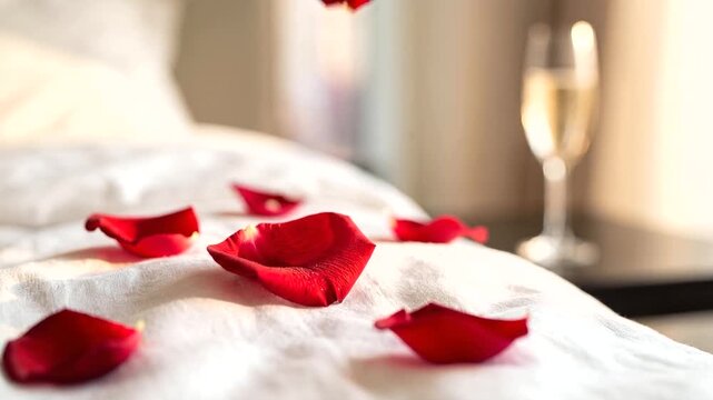 Elegant macro-inspired hotel scene with blurred crimson rose petals framing crystal champagne flutes and a silver ice bucket on a soft white duvet. Luxury honeymoon romance and Valentine&rsquo;s Day celebra