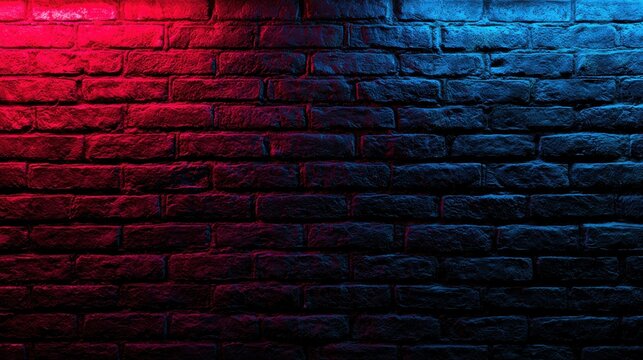 A dark brick wall textured surface illuminated by red and blue neon lights. Ideal for futuristic or urban atmospheric.