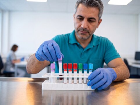 M&auml;nnlicher Labortechniker sortiert in Nahaufnahme Blutr&ouml;hrchen mit farbigen Kappen in einen Probenst&auml;nder im medizinischen Labor