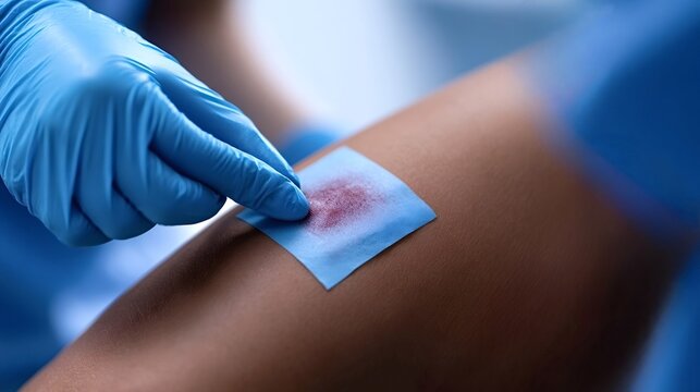 Healthcare professional wearing blue gloves applying a sterile patch to an arm with an irritated area, representing healing, recovery, and medical treatment