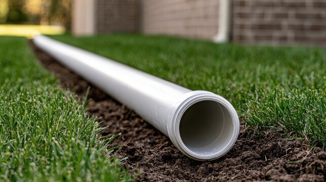 A white PVC pipe sits in a trench on a lawn for drainage. Useful for irrigation, construction, and home improvement.