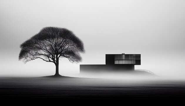 minimalist black and white landscape of a tree and building shrouded in thick fog