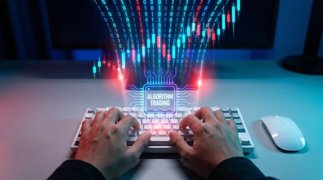 Hands typing on keyboard with algorithm trading graphic and stock market data visualization