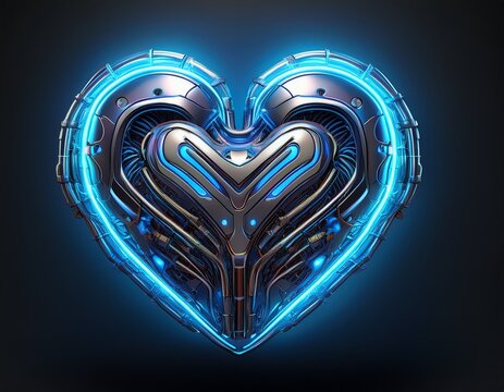 futuristic metallic heart symbol with neon blue light glow on black background