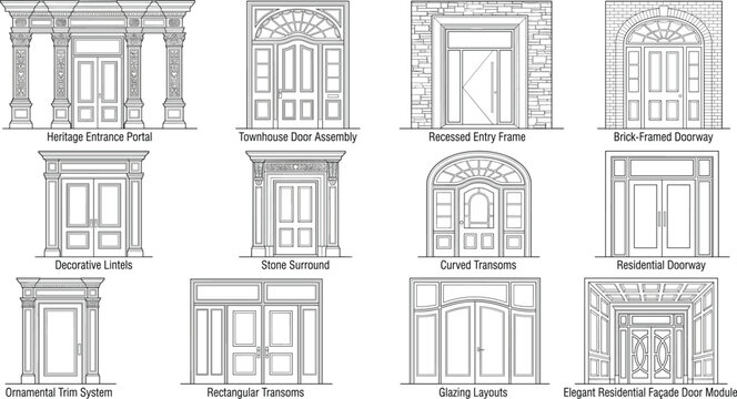 Classic Entrance Door Collection with Decorative Architectural Facades and CAD Vector Elevation Designs