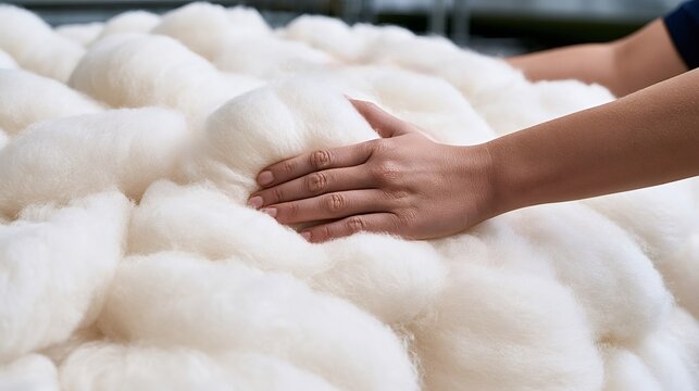 Hand gently touching and feeling the natural, fluffy, white wool material during the initial stages of textile processing, highlighting its softness and quality