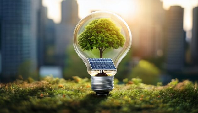 eco friendly urban innovation concept with solar panel and tree inside lightbulb representing corporate sustainability and renewable energy