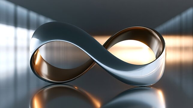 Infinite mobius strip constructed from a two tone metallic material, reflecting its chrome and gold surfaces onto a polished floor in a softly lit, minimalist architectural space