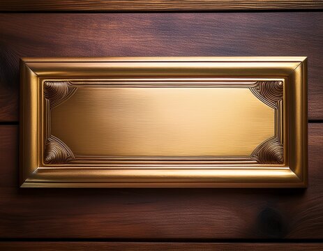 classic blank brass nameplate on a wooden frame empty metal plaque for inscription