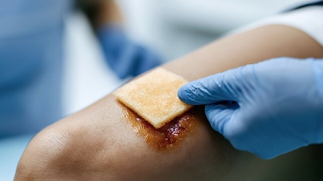 Medical professional in blue sterile gloves applying antiseptic to a fresh abrasion on a patient's knee, providing wound care and treatment during an injury recovery process