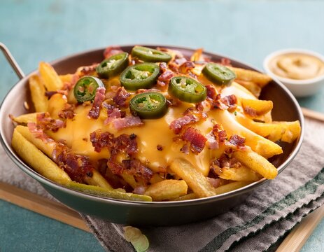 loaded cheese fries with jalapeno and bacon bits
