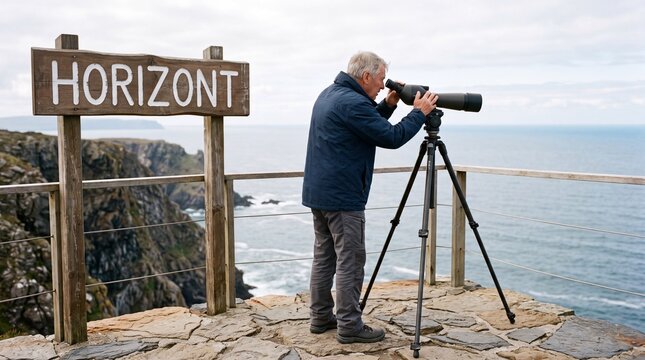 &Auml;lterer Mann justiert in Halbtotale ein Fernrohr auf einer Klippe am Meer neben einem Schild mit dem Wort Horizont