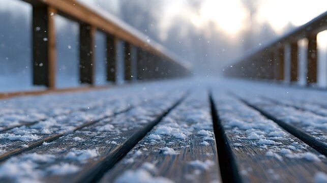 Wooden boardwalk planks are covered with fresh snow, creating a crisp textured surface on a cold winter day with sunlight breaking through the misty background