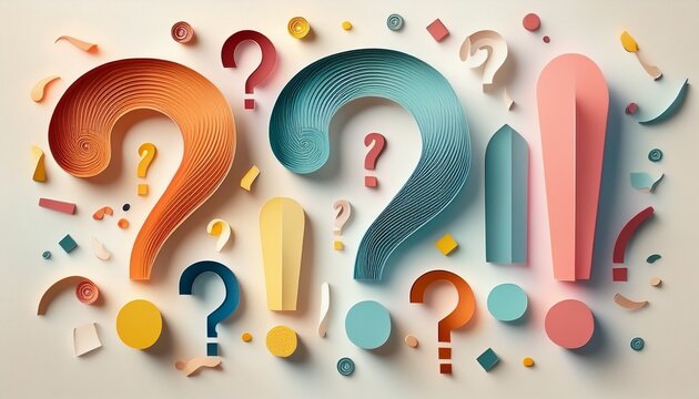 pastel paper cutout question marks and exclamation points on white background