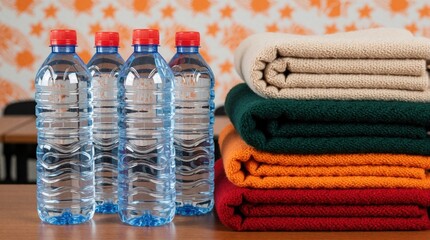 Naklejka na ściany i meble Stack of warm blankets in assorted colors next to bottled water. Supplies prepared for emergency relief aid and survival kit preparation. Essential items for safety and comfort.