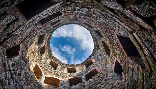 dramatic low angle shot looking up from the bottom of a deep stone well