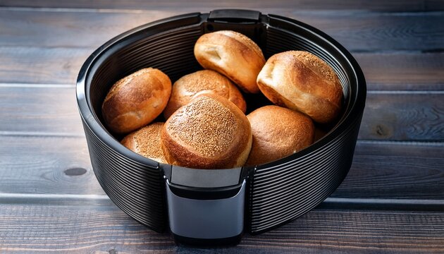 freshly baked bread rolls in an air fryer basket on a wooden surface