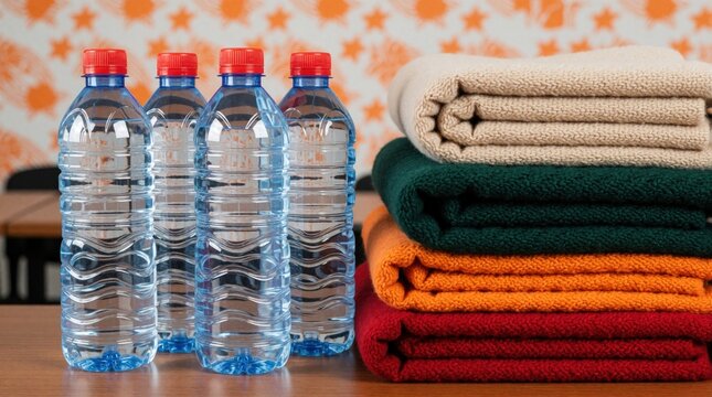 Stack of warm blankets in assorted colors next to bottled water. Supplies prepared for emergency relief aid and survival kit preparation. Essential items for safety and comfort.