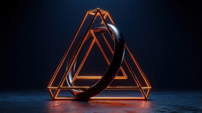Gold line art Penrose triangle with dark ring. Abstract geometric shapes form optical illusion on dark blue background. Minimalist luxury design concept.