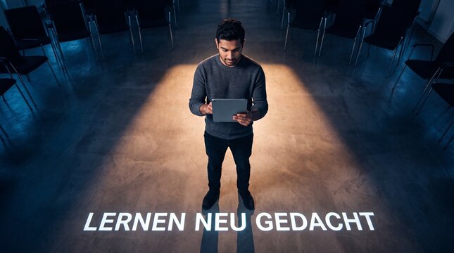 Junger Mann steht mit Tablet im Lichtkegel und blickt von oben auf den Schriftzug LERNEN NEU GEDACHT auf dem Boden