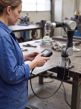Nahaufnahme einer Frau in blauer Arbeitsjacke die in einer Werkstatt ein Handbedienger&auml;t zur Steuerung eines Cobot Roboterarms justiert