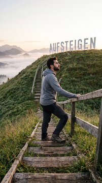 Wanderer steigt Holztreppe zum Schriftzug Aufsteigen bei Sonnenaufgang