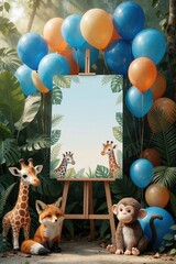 Fototapeta premium Blank vertical poster on wooden easel surrounded by blue orange balloons. Jungle leaves frame sign with cute giraffe illustrations. Stuffed toy animals fox monkey giraffe sit on ground. Festive party