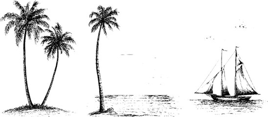 Obraz premium Black ink palm tree and classic sailboat seaside sketch with ocean horizon and beach silhouette for summer background and nautical poster design