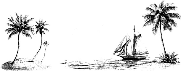 Obraz premium Hand drawn palm cluster and sailing schooner beside rippled sea sketch with island shore for summer background and nautical design elements