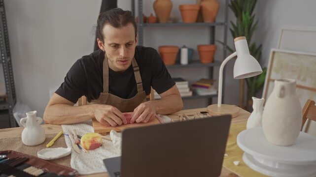 Man shaping clay bowl with hands at wooden table in studio surrounded by pottery tools and pots; concentration.