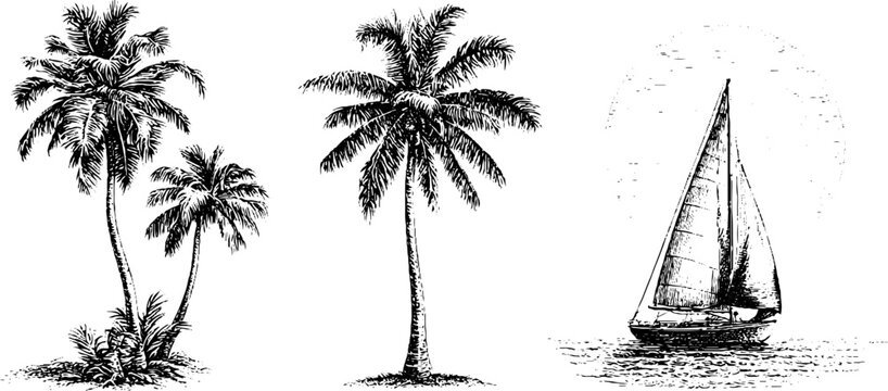 Detailed ink palm trio and single mast sailboat sketch with textured sea and horizon for summer coastal background and maritime poster design