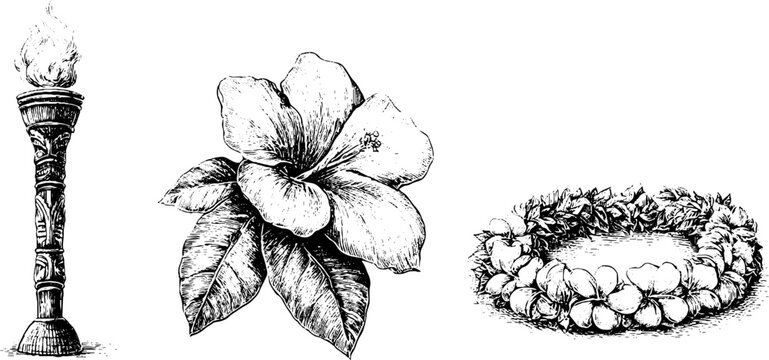 Hand drawn tiki torch hibiscus flower and lei set for tropical luau background and banner design