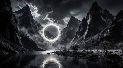 Naklejka na ściany i meble Glowing light ring floats above dark mountain lake at night. Surreal smoke circle shines in rocky valley with snowy peaks. Eerie mist surrounds calm water reflection. Fantasy atmosphere creates