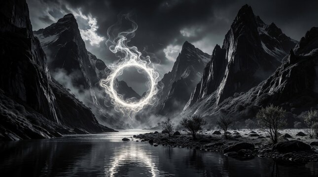 Glowing light ring floats above dark mountain lake at night. Surreal smoke circle shines in rocky valley with snowy peaks. Eerie mist surrounds calm water reflection. Fantasy atmosphere creates