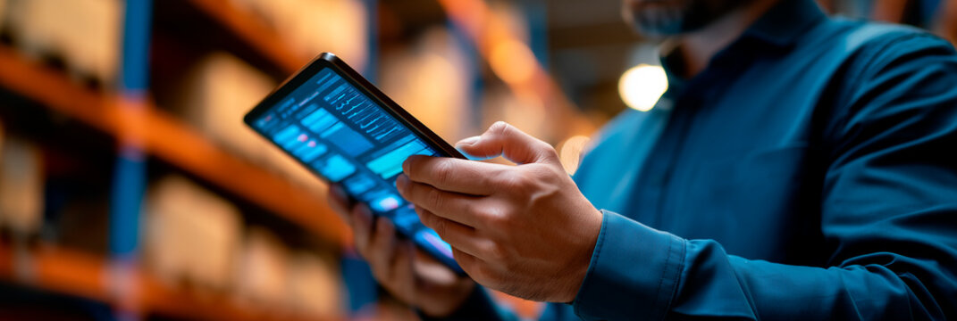 man hold a transparent tablet in a warehouse, monitoring inventory and logistics data through an AI dashboard for stock tracking, shipment analysis, and supply chain management tasks