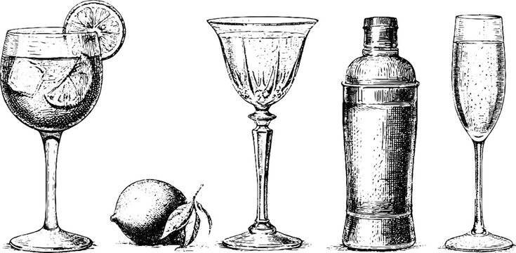 Vintage engraved venetian spritz prosecco and aperol cocktail glass and shaker set for bar menu design and poster background