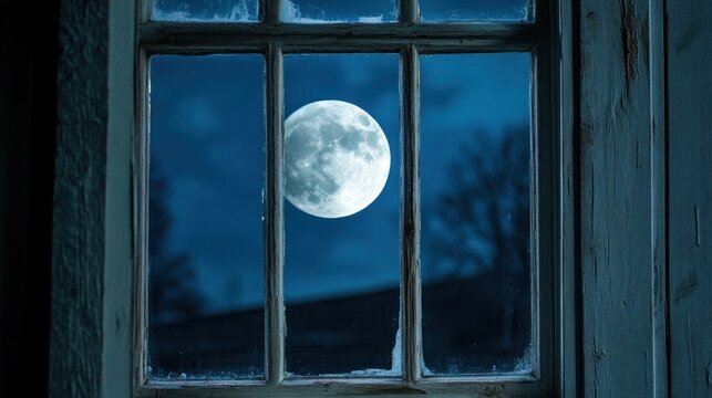Full moon view through the window frame