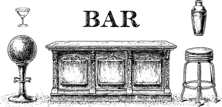 Hand drawn vintage bar counter illustration set with chrome stool and cocktail shaker for background and banner design