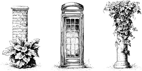Obraz premium Vintage phone booth and garden column trio with climbing ivy and foliage for background and decorative design use