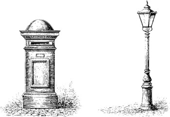 Obraz premium Tall vintage postbox and ornate street lamp pair for retro urban background and antique illustration elements for poster and design projects