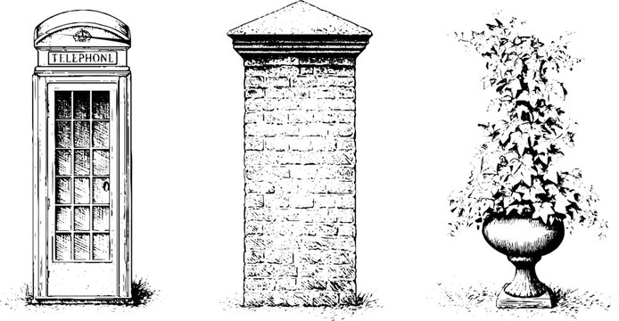 Vintage ink illustrations of a british phone booth brick pillar and urn with ivy for background and print design