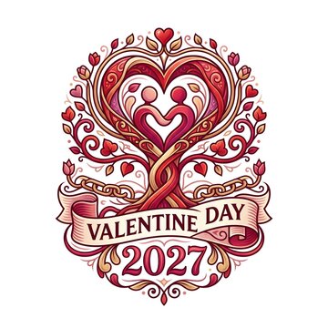 Couple forming heart tree with chains and banner for Valentine's Day vector illustration