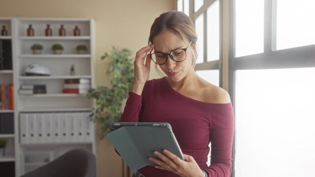 Woman wearing glasses holds tablet, hand to temple, seated near window and bookshelves in office building; concentration focus.