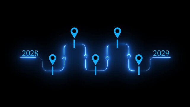 Business roadmap to 2029 success concept. A strategic business journey. Finger points at the 2029 target, surrounded by icons representing innovation, year change animation concept 4k video.