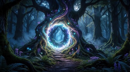 Fototapeta premium Mystical glowing portal opens inside ancient enchanted tree in dark forest. Swirling magical energy light shines through luminous gateway. Surreal fantasy landscape with mossy ground, colorful
