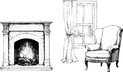 Obraz premium Vintage engraved cozy cabin interior with fireplace window curtain and wingback chair for winter holiday room design and background
